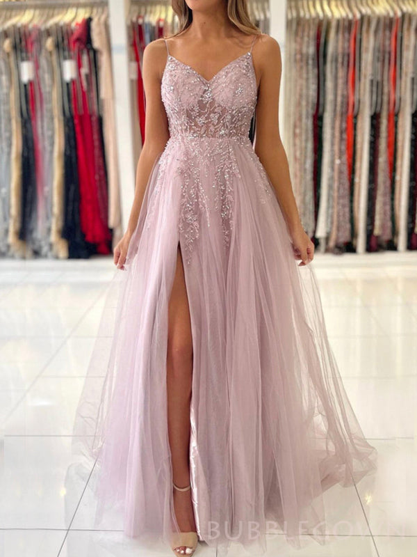 A-line Tulle Beaded Sapghetti Straps Long Evening Prom Dresses, Custom Prom Dress, BGS0085