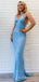 Mermaid Blue Sequins Spaghetti Straps Long Evening Prom Dresses, Custom V-neck Prom Dress, BGS0086