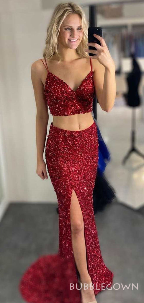 Two Pieces Mermaid Red Sequins Spaghetti Straps Long Evening Prom Dresses, Custom Side Slit Prom Dress, BGS0091