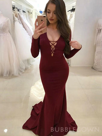 Mermaid Long Sleeves Burgundy Long Evening Prom Dresses, Custom V-neck Prom Dress, BGS0097
