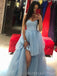 A-line Blue Tulle Strapless Long Evening Prom Dresses, Custom High Slit Prom Dress, BGS01009