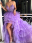High-low Lilac Tulle Beaded Spaghetti Straps Long Evening Prom Dresses, Custom A-line Prom Dress, BGS0114