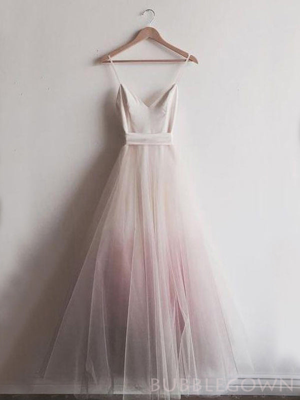 A-line Pink Tulle V-neck Long Evening Prom Dresses, Custom Spaghetti Straps Prom Dress, BGS0120