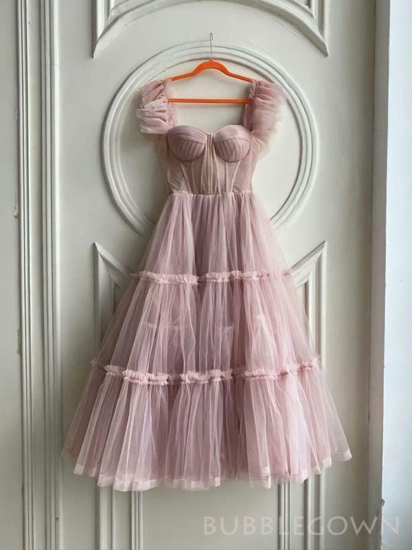 A-line Pink Tulle Long Evening Prom Dresses, Custom Spaghetti Straps Prom Dress, BGS0142