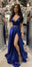 Two Pieces Royal Blue Satin A-line Long Evening Prom Dresses, Custom Prom Dress, BGS0147