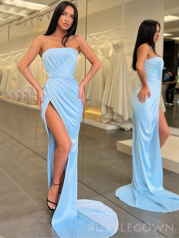 Mermaid Sky Blue Side Slit Strapless Long Evening Prom Dresses, Custom Prom Dress, BGS0150