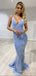 Deep V-neck Blue Sequins Mermaid Spaghetti Straps Long Evening Prom Dresses, Custom Prom Dress, BGS0153