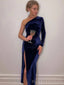 One Shoulder Royal Blue Velvet Mermaid Long Sleeves Long Evening Prom Dresses, Custom Side Slit Prom Dress, BGS0156