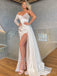 Mermaid Ivory Satin Sequins Long Sleeves Long Evening Prom Dresses, Custom High Slit Prom Dress, BGS0158
