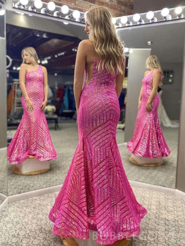 One Shoulder Hot Pink Sequins Mermaid Long Evening Prom Dresses, Custom Prom Dress, BGS0162