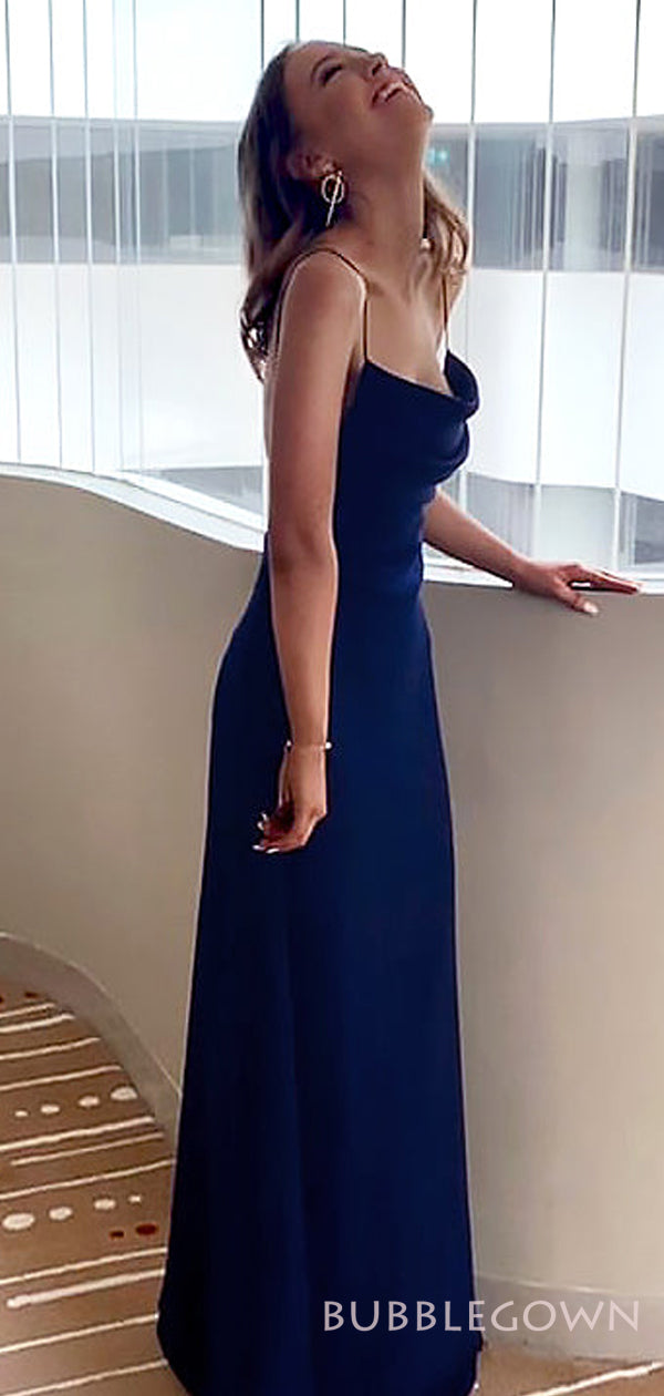 Navy Blue Satin Spaghetti Straps Long Evening Prom Dresses, Custom Pro BubbleGowns Navy Blue Satin Spaghetti Straps Long Evening Prom Dresses, Custom Pro BubbleGowns