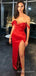Off Shoulder Red Satin Mermaid Long Evening Prom Dresses, Custom Side Slit Prom Dress, BGS0168
