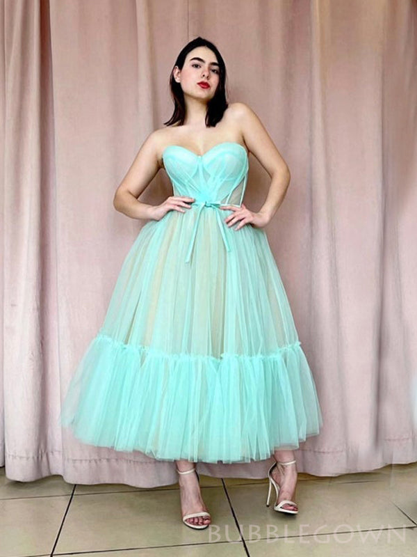 A-line Mint Green Tulle Strapless Long Evening Prom Dresses, Custom Prom Dress, BGS0169