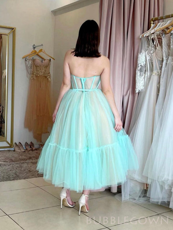 A-line Mint Green Tulle Strapless Long Evening Prom Dresses, Custom Prom Dress, BGS0169