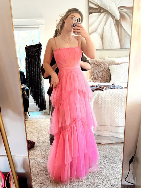 A-line Hot Pink Tulle Spaghetti Straps Long Evening Prom Dresses, Custom Prom Dress, BGS0176