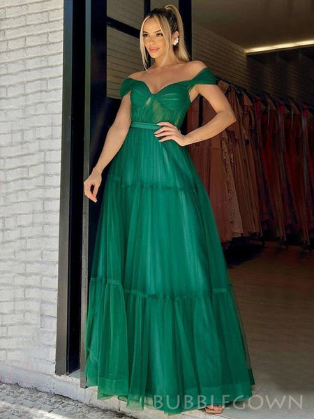Dark Green Tulle A-line Off Shoulder Long Evening Prom Dresses, Custom BubbleGowns Dark Green Tulle A-line Off Shoulder Long Evening Prom Dresses, Custom BubbleGowns