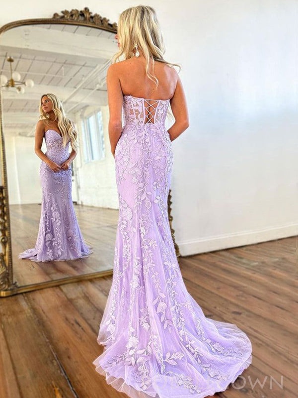 customized prom dress Mermaid Lilac Tulle Appliques Sweetheart Strapless Long Evening Prom D – BubbleGowns