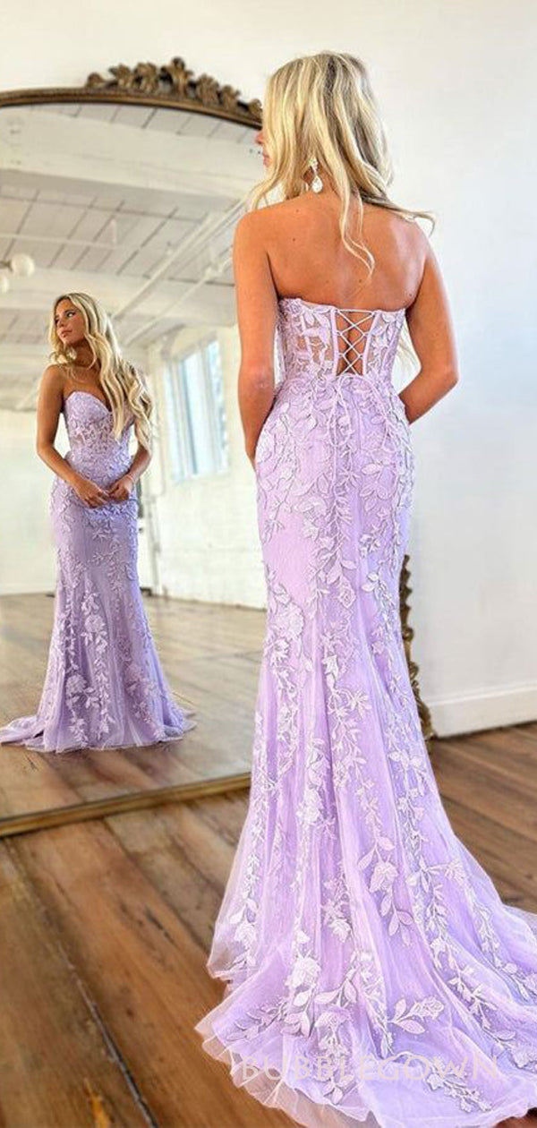 mermaid tail prom dresses Mermaid Lilac Tulle Appliques Sweetheart Strapless Long Evening Prom D – BubbleGowns