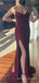 Burgundy Sequins Spaghetti Straps V-neck Long Mermaid Evening Prom Dresses, Custom Side Slit Prom Dress, BGS0195