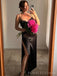 Simple Spaghetti Straps High Slit Black Satin Long Evening Prom Dresses, Custom prom Dress, BGS0203