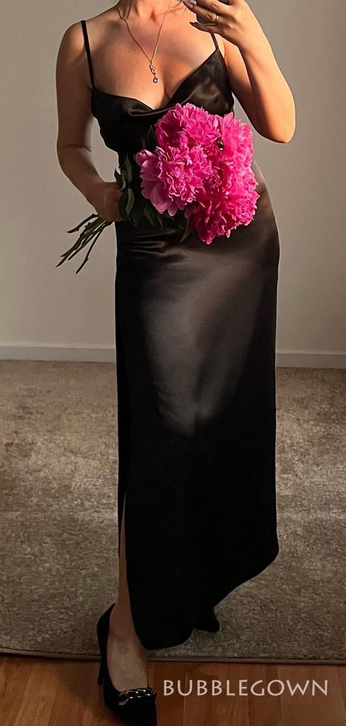 Simple Spaghetti Straps High Slit Black Satin Long Evening Prom Dresses, Custom prom Dress, BGS0203
