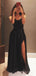 Black Satin A-line Side Slit Long Evening Prom Dresses, Custom Sweetheart Prom Dress, BGS0204