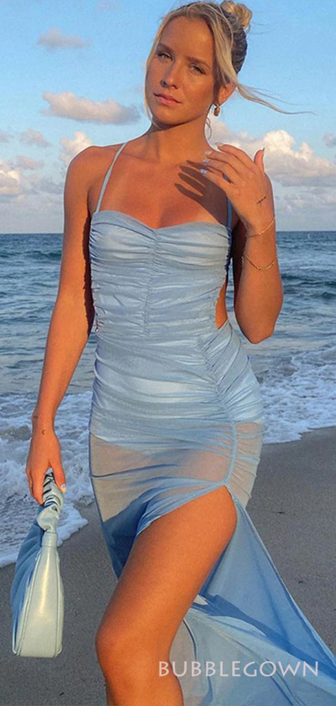 Unique Sky Blue Chiffon Mermaid Long Evening Prom Dresses, Custom Spaghetti Straps Prom Dress, BGS0207