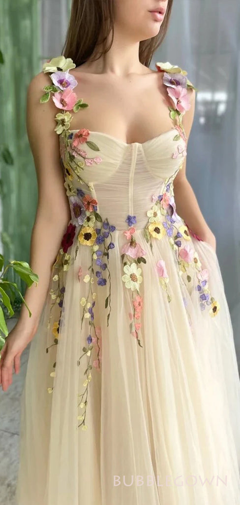 A-line Tulle Flowers Aplliques Long Evening Prom Dresses, Custom Prom Dress, BGS0217