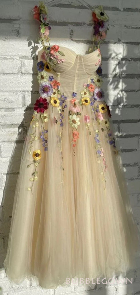 A-line Tulle Flowers Aplliques Long Evening Prom Dresses, Custom Prom Dress, BGS0217