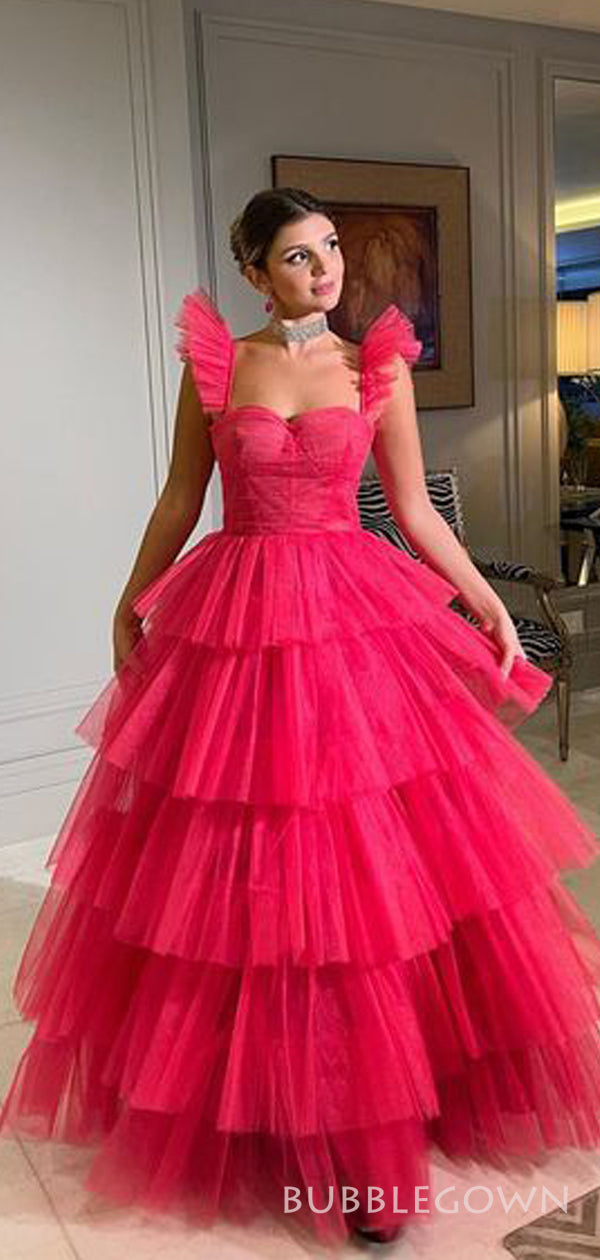 Hot Pink Tulle A-line Straps Long Evening Prom Dresses, Custom Prom Dr BubbleGowns Hot Pink Tulle A-line Straps Long Evening Prom Dresses, Custom Prom Dr BubbleGowns