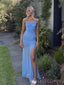 Mermaid Blue Spaghetti Straps Long Evening Prom Dresses, Custom Side Slit Prom Dress, BGS0225
