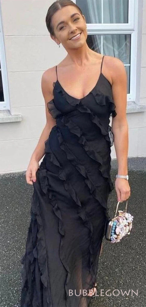 Unique Black Chiffon Long Evening Prom Dresses, Custom Spaghetti Straps Prom Dresses, BGS0233