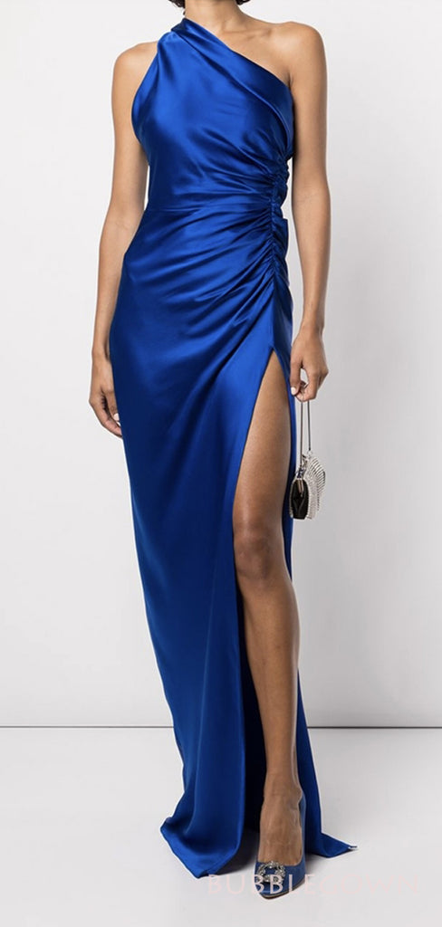 Simple One Shoulder Royal Blue Satin Long Evening Prom Dresses, Custom Side Slit  Prom Dresses, BGS0243