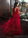 Deep V-neck A-line Red Long Evening Prom Dresses, Custom Prom Dresses, BGS0244