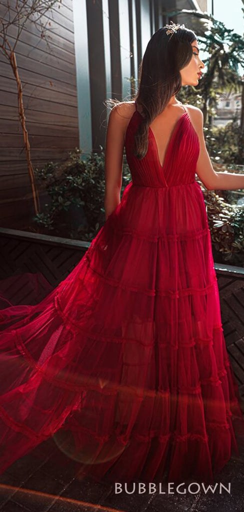 Deep V-neck A-line Red Long Evening Prom Dresses, Custom Prom Dresses, BGS0244