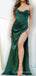 Mermaid Dark Green Satin Spaghetti Straps Long Satin Evening Prom Dresses, Custom High Slit Prom Dresses, BGS1004