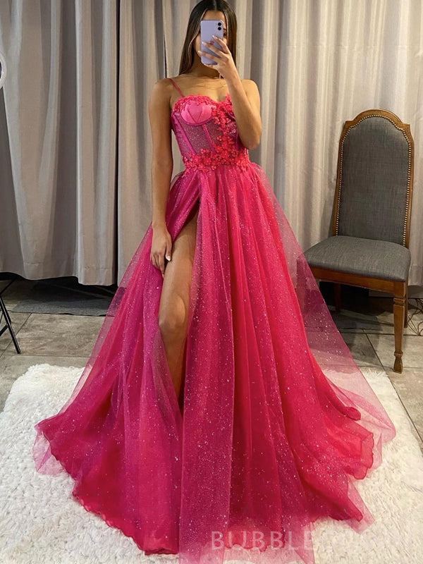 Spaghetti Straps Hot Pink Tulle Sparkly Long Evening Prom Dresses, Cus – BubbleGowns