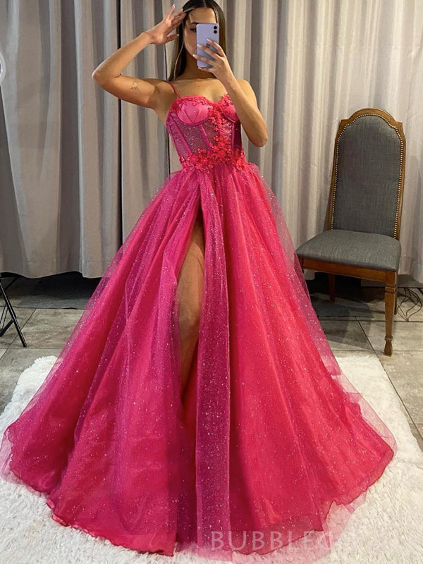Spaghetti Straps Hot Pink Tulle Sparkly Long Evening Prom Dresses, Cus BubbleGowns Spaghetti Straps Hot Pink Tulle Sparkly Long Evening Prom Dresses, Cus BubbleGowns