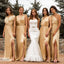 Cheap Gold Soft Satin Simple Side Slit Long Mermaid Bridesmaid Dresses , BN1005