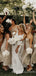 Champagne Soft Satin Spaghetti Straps Cowl Neck Tea-Length Long Bridesmaid Dresses, BN1007