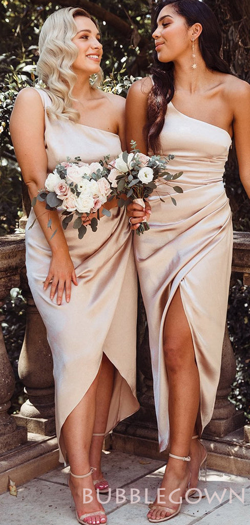 One Shoulder White Silk Satin Long Bridesmaid Dresses for Wedding Party, BN1009