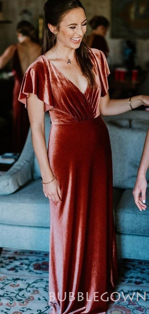 velvet copper bridesmaid dresses V-neck Floor Length Copper Velvet Long Bridesmaid Dresses, BN1011