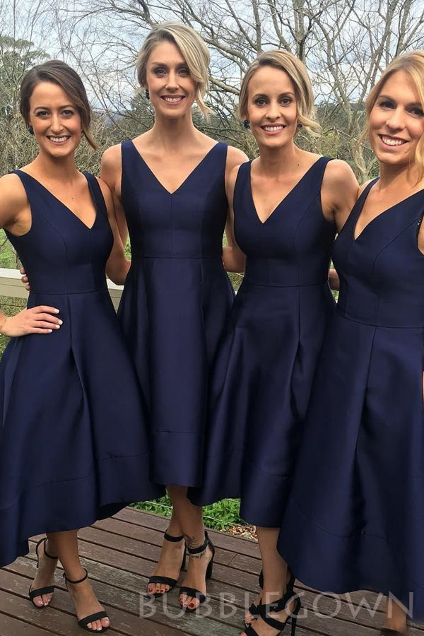 Navy Blue Satin V-neck Short  Bridesmaid Dresses , BN1019