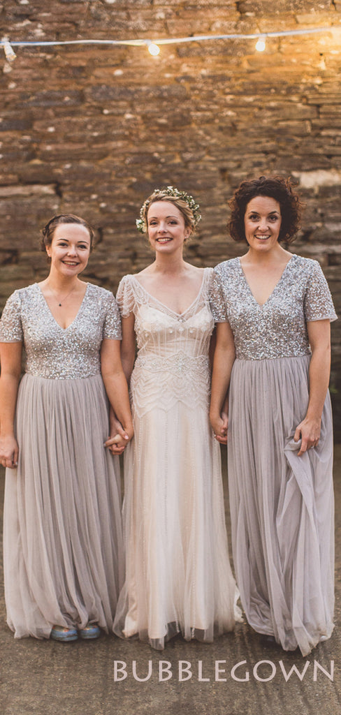 Column Short Sleeves Grey Tulle Long Bridesmaid Dresses , BN1025