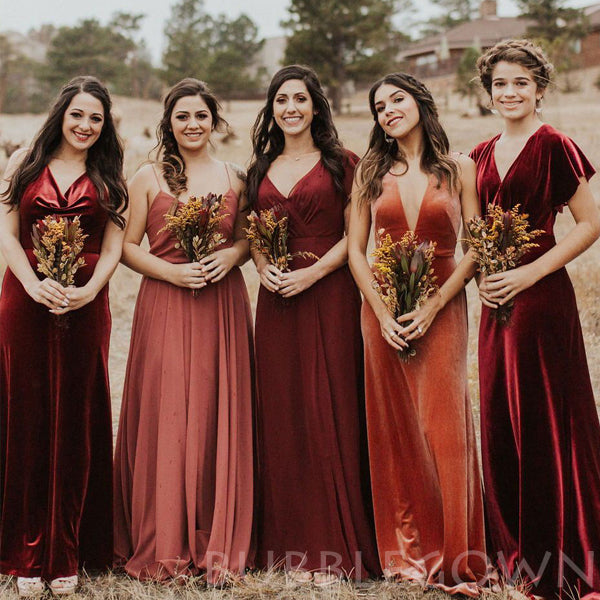 Velvet V-neck Long A-line Bridesmaid Dresses , BN1037  BubbleGowns