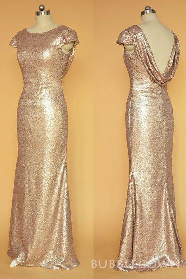 Gold Sequin Cap Sleeves Long Mermaid Bridesmaid Dresses , BN1059