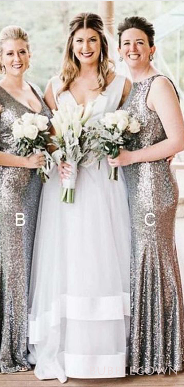 Grey Sequin Long Mermaid Bridesmaid Dresses , BN1063 BubbleGowns Grey Sequin Long Mermaid Bridesmaid Dresses , BN1063 BubbleGowns