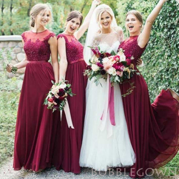 A-line Burgundy Chiffon Elegant Cheap Floor Length Appliques Long Bridesmaid Dresses , BN1066