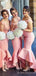 Off Shoulder Pink Satin Lace Mermaid Long Bridesmaid Dresses , BN1068
