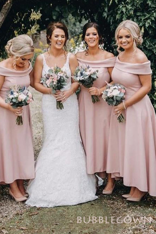 Off Shoulder A-line Pink Satin Long Bridesmaid Dresses , BN1078